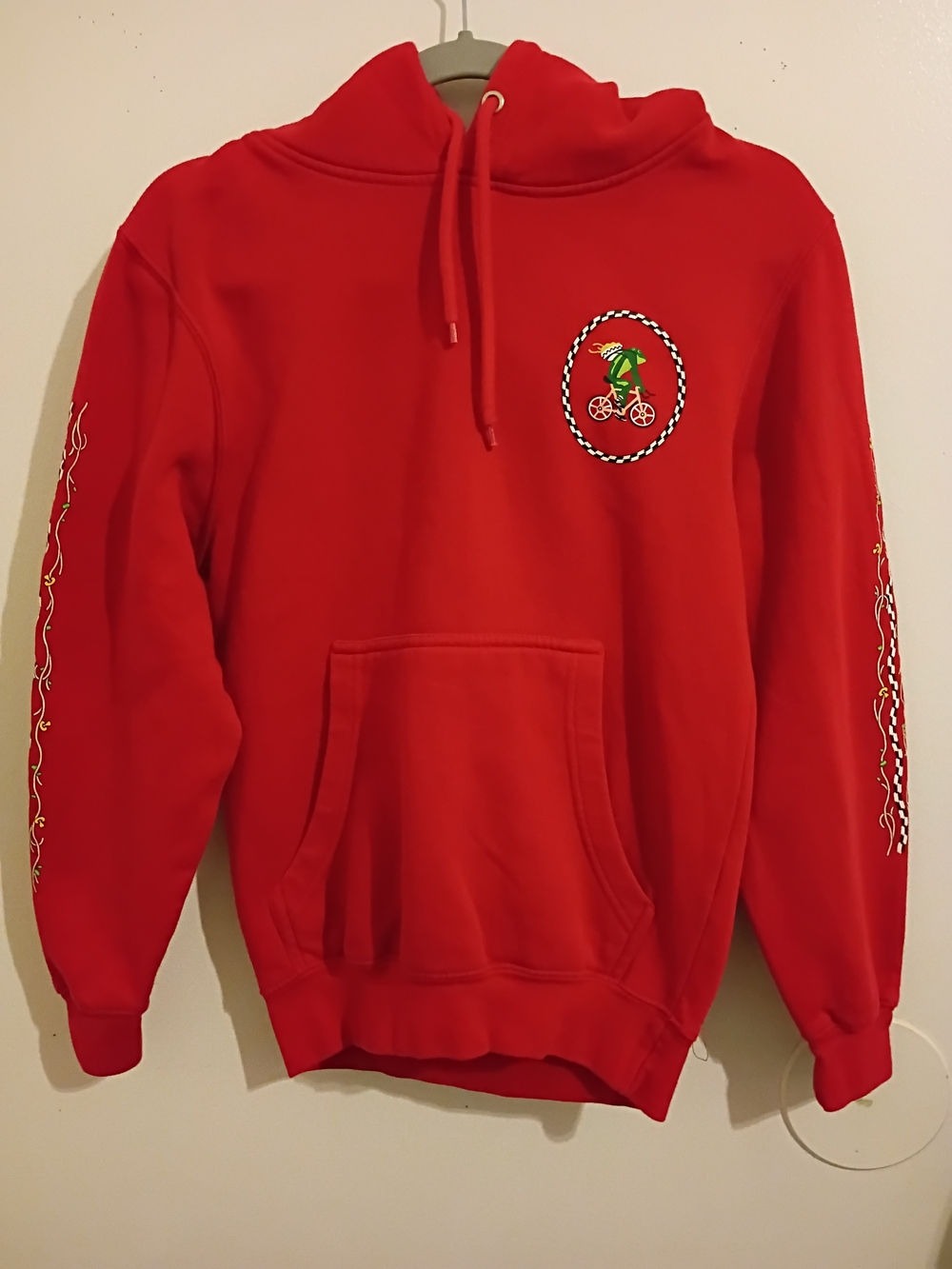 Meow Wolf Unisex Red Pullover Hoodie with‎ Biking Frog Sz S